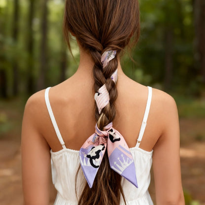 Yogis Cat and Flower Pink and Purple Twilly Silky Scarf (105cm)