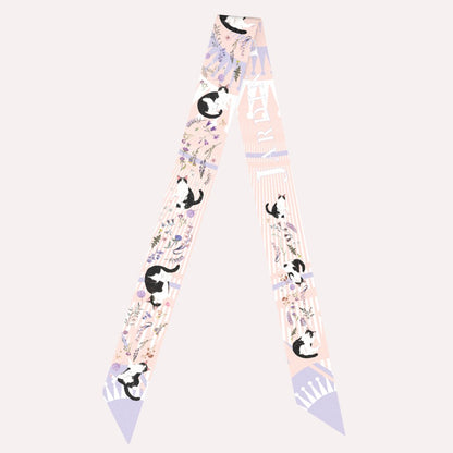 Yogis Cat and Flower Pink and Purple Twilly Silky Scarf (105cm)