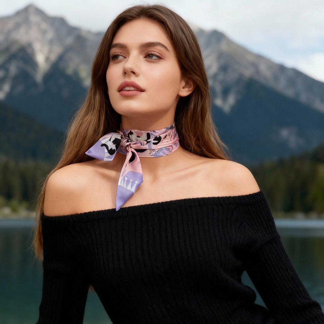 Yogis Cat and Flower Pink and Purple Twilly Silky Scarf (105cm)