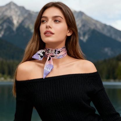 Yogis Cat and Flower Pink and Purple Twilly Silky Scarf (105cm)