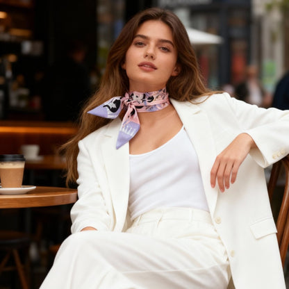 Yogis Cat and Flower Pink and Purple Twilly Silky Scarf (105cm)