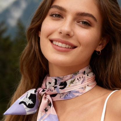 Yogis Cat and Flower Pink and Purple Twilly Silky Scarf (105cm)