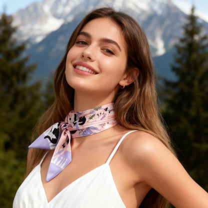 Yogis Cat and Flower Pink and Purple Twilly Silky Scarf (105cm)