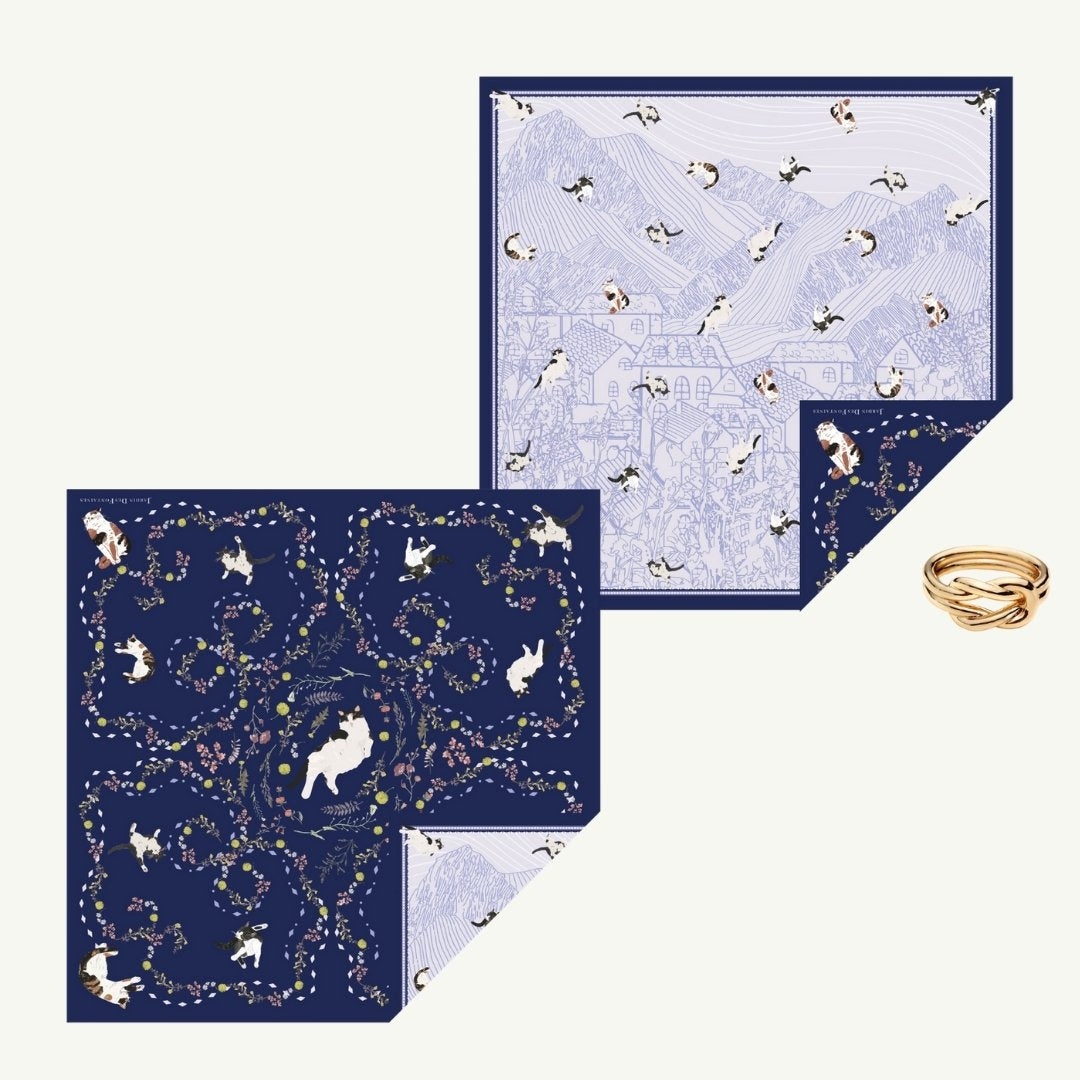 Yogis Cat and Flower Navy Tatra Mountain Silky Scarf Gift Set (Double Face Silky Scarf and Scarf Ring)
