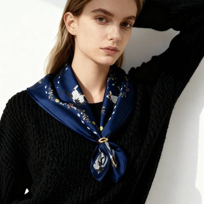 Yogis Cat and Flower Navy Tatra Mountain Silky Scarf Gift Set (Double Face Silky Scarf and Scarf Ring)