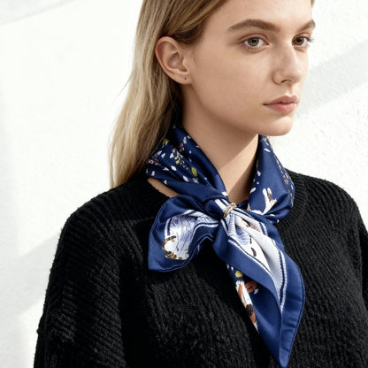 Yogis Cat and Flower Navy Tatra Mountain Silky Scarf Gift Set (Double Face Silky Scarf and Scarf Ring)