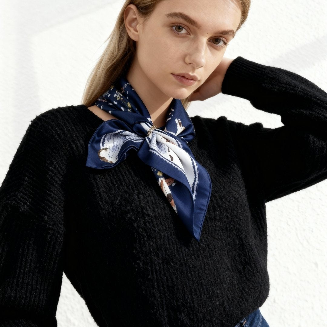 Yogis Cat and Flower Navy Tatra Mountain Silky Scarf Gift Set (Double Face Silky Scarf and Scarf Ring)