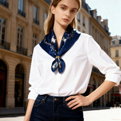 Yogis Cat and Flower Navy Tatra Mountain Silky Scarf Gift Set (Double Face Silky Scarf and Scarf Ring)