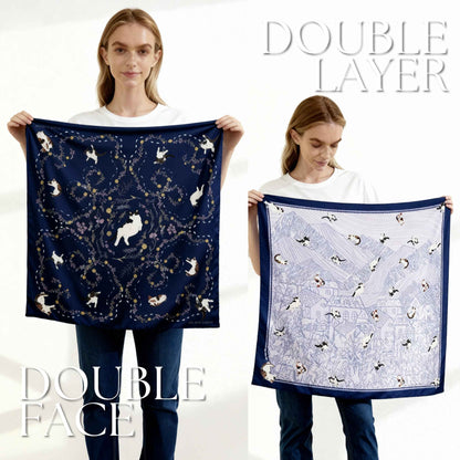 Yogis Cat and Flower Navy Tatra Mountain Silky Scarf Gift Set (Double Face Silky Scarf and Scarf Ring)