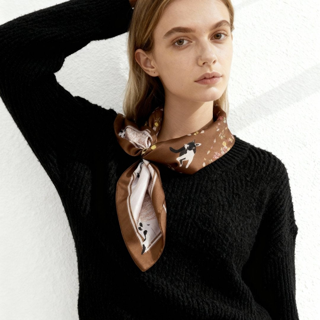 Yogis Cat and Flower Brown Tatra Mountain Silky Scarf Gift Set (Double Face Silky Scarf and Scarf Ring)