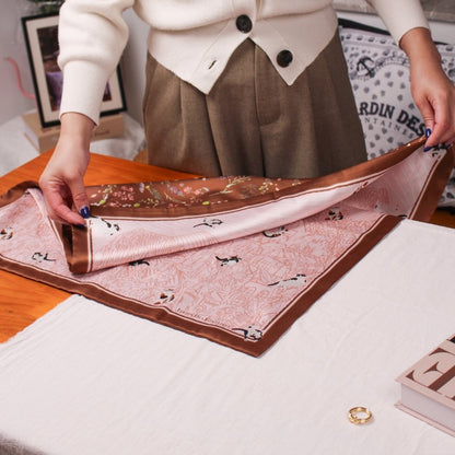 Yogis Cat and Flower Brown Tatra Mountain Silky Scarf Gift Set (Double Face Silky Scarf and Scarf Ring)