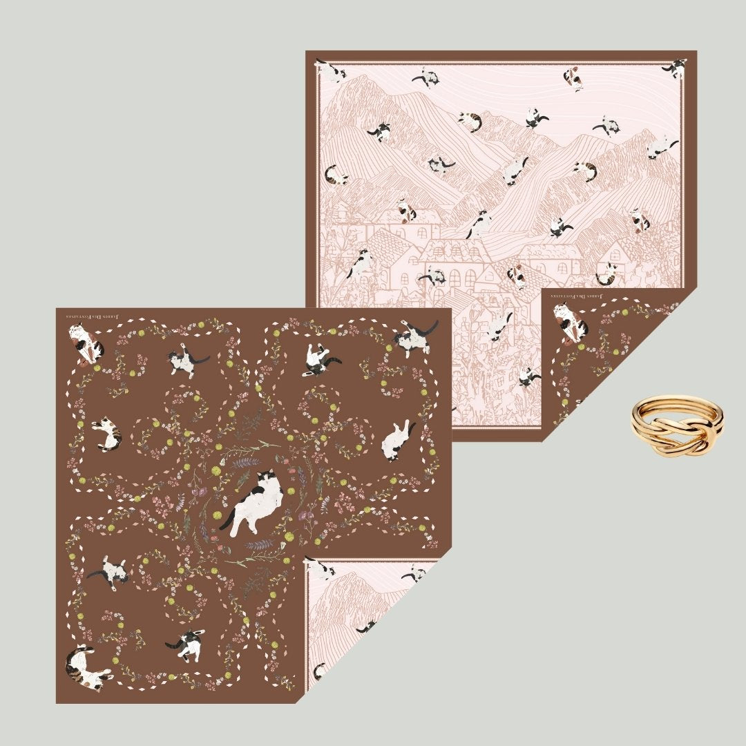 Yogis Cat and Flower Brown Tatra Mountain Silky Scarf Gift Set (Double Face Silky Scarf and Scarf Ring)