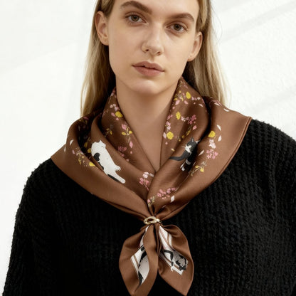 Yogis Cat and Flower Brown Tatra Mountain Silky Scarf Gift Set (Double Face Silky Scarf and Scarf Ring)