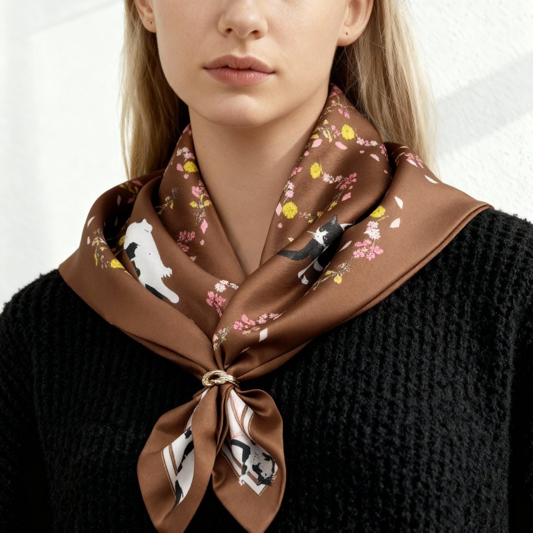 Yogis Cat and Flower Brown Tatra Mountain Silky Scarf Gift Set (Double Face Silky Scarf and Scarf Ring)