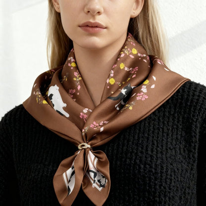 Yogis Cat and Flower Brown Tatra Mountain Silky Scarf Gift Set (Double Face Silky Scarf and Scarf Ring)