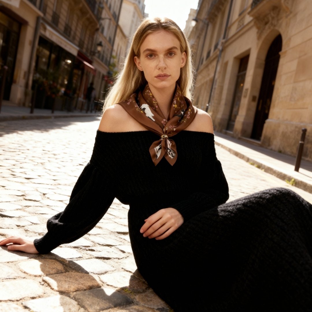 Yogis Cat and Flower Brown Tatra Mountain Silky Scarf Gift Set (Double Face Silky Scarf and Scarf Ring)