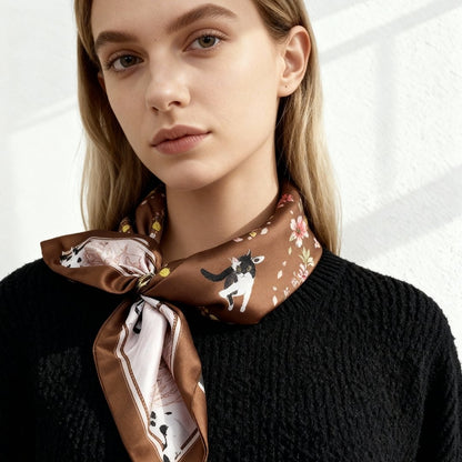 Yogis Cat and Flower Brown Tatra Mountain Silky Scarf Gift Set (Double Face Silky Scarf and Scarf Ring)