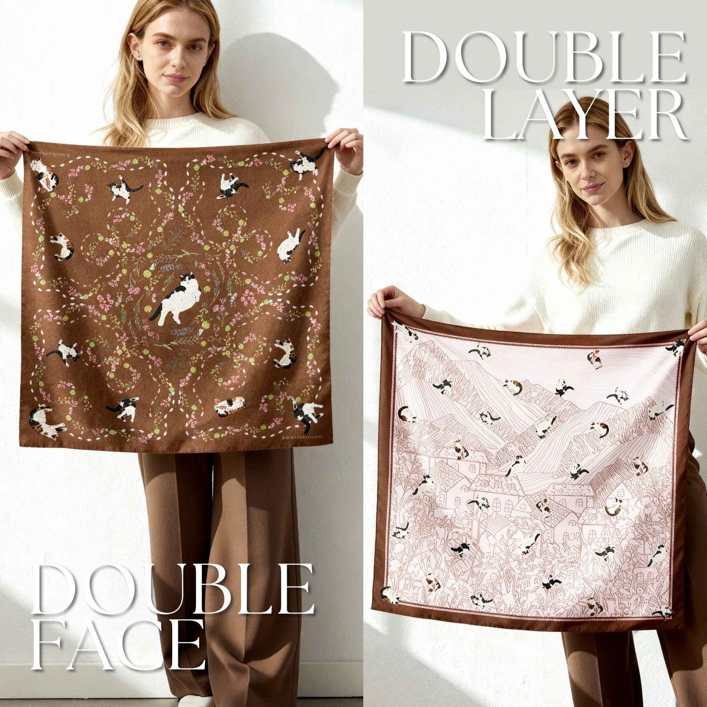 Yogis Cat and Flower Brown Tatra Mountain Silky Scarf Gift Set (Double Face Silky Scarf and Scarf Ring)