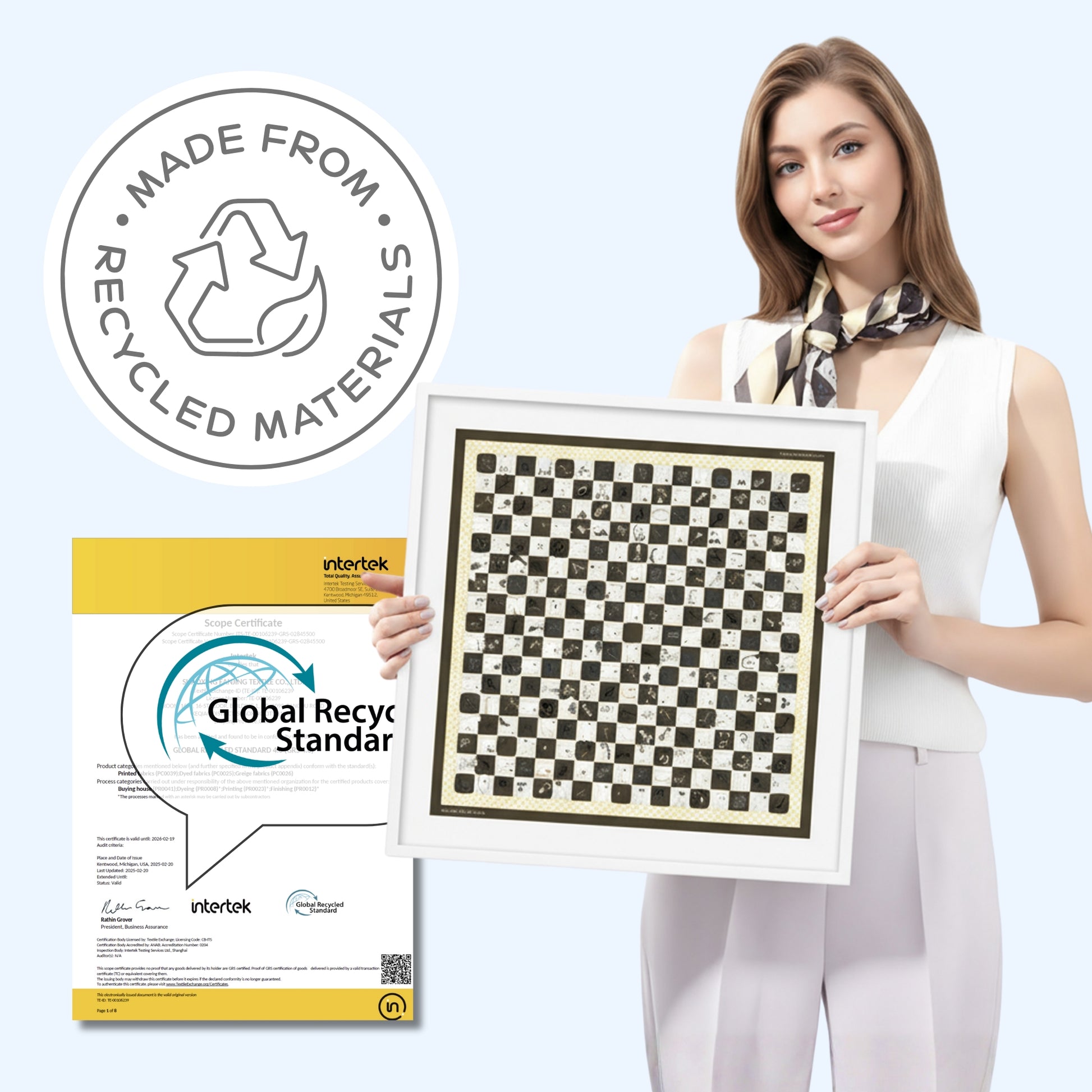 Woman holding a patterned product with 'Made from Recycled Materials' label and Intertek Global Recycling Standard certification. Sustainable Fashion Scarf
Designed for style, made with care. 
•        Eco-friendly elegance
•        GRS Certified
•        Recycled materials
•        Sustainable by Design
•        ESG values at heart