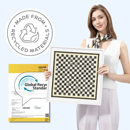 Woman holding a patterned product with 'Made from Recycled Materials' label and Intertek Global Recycling Standard certification. Sustainable Fashion Scarf
Designed for style, made with care. 
•        Eco-friendly elegance
•        GRS Certified
•        Recycled materials
•        Sustainable by Design
•        ESG values at heart