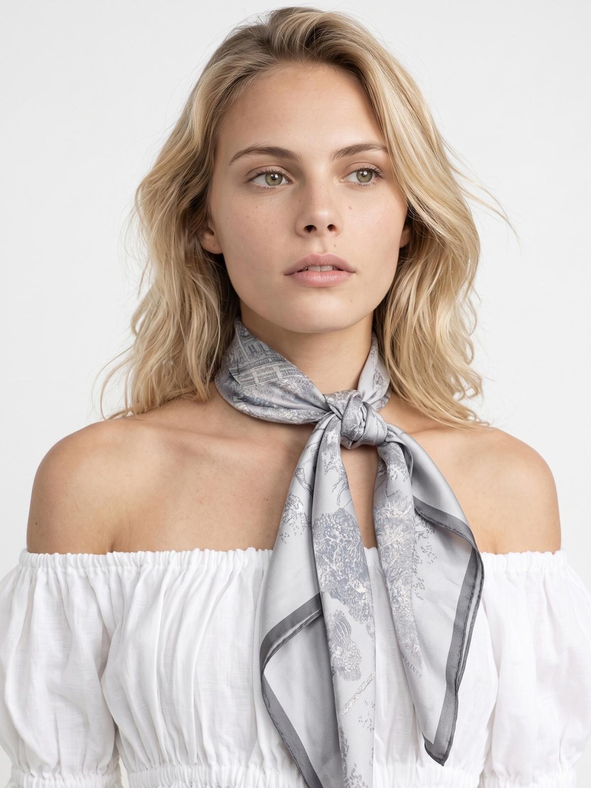Toile De Jouy Subaqueous Palace Gray Silky Scarf (90cm)